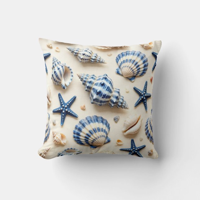 Coussin Coquillages et étoiles de mer bleus et blancs côti (Recto)