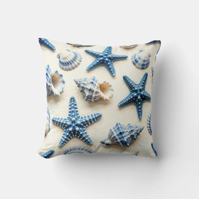 Coussin Coquillages et étoiles de mer bleus et blancs côti (Recto)