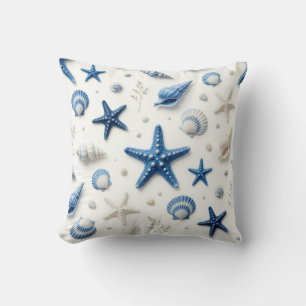 Coussin Coquillages et étoiles de mer bleus et blancs côti