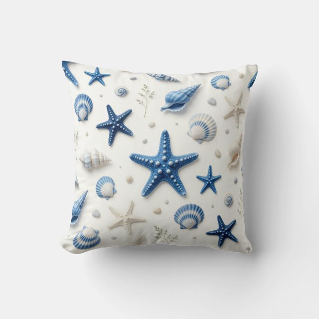 Coussin Coquillages et étoiles de mer bleus et blancs côti (Recto)
