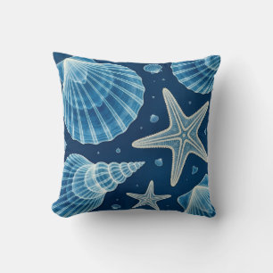 Coussin Coquillages et étoiles de mer bleus et blancs du l