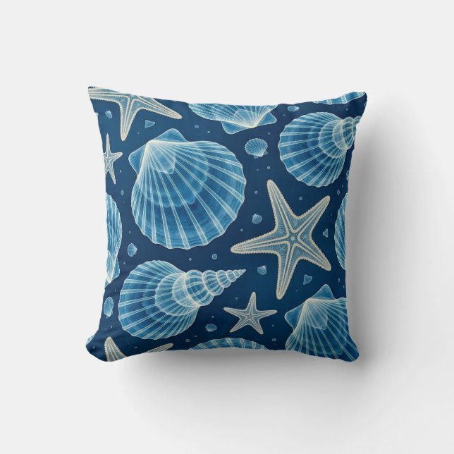 Coussin Coquillages et étoiles de mer bleus et blancs du l (Recto)
