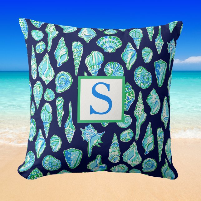 Coussin Coquillages Prépas Monogramme / Bord de Mer Navy (Créateur téléchargé)