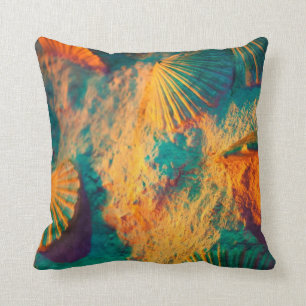 Coussin Coquillages turquoises et orange et sable