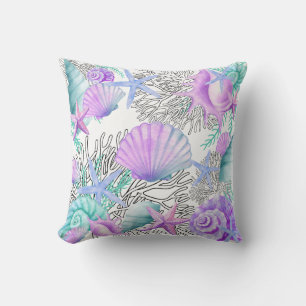 Coussin Coquillages violets roses sarcelle et blancs