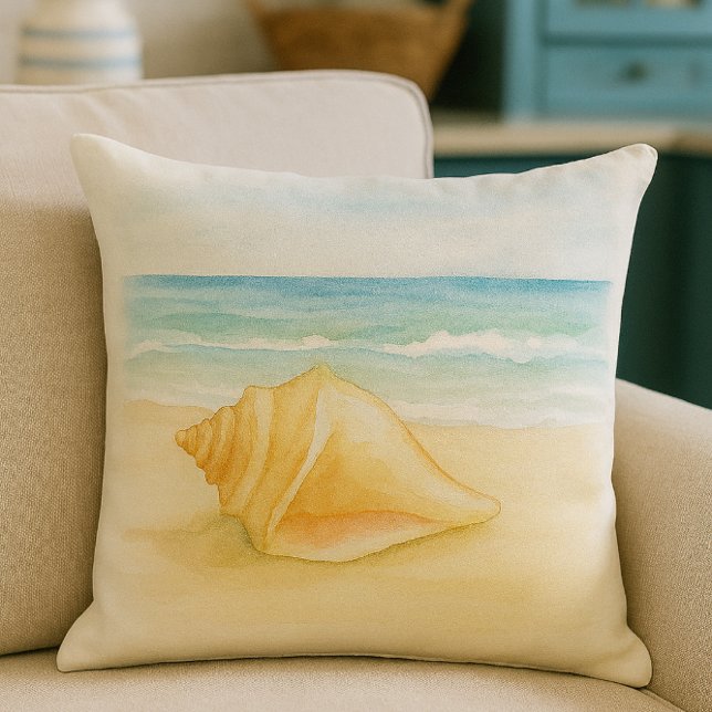 Coussin Coquille de Conque Aquarelle Vie de Plage  (Beach house decor - Conch shell throw pillow )