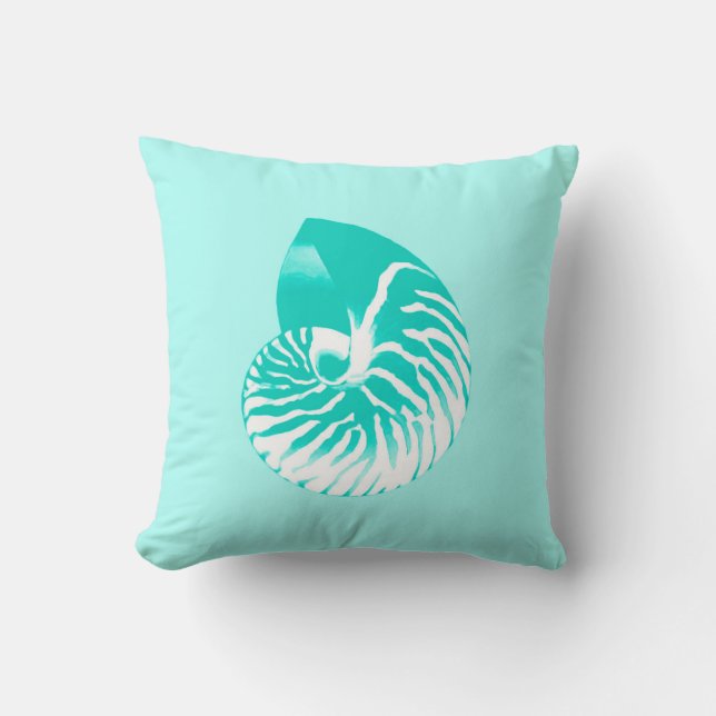 Coussin Coquille de Nautilus - turquoise, aqua et blanc (Recto)