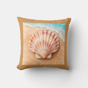 Coussin Coquille Saint-Jacques à l'aquarelle sur la plage
