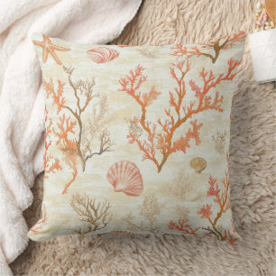 Coussin Coquilles de mer corail étoile de mer beige ivoire