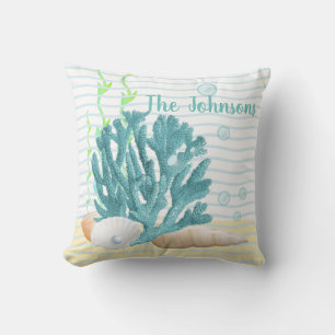 Coussin Corail bleu, coquillages et perle bleue