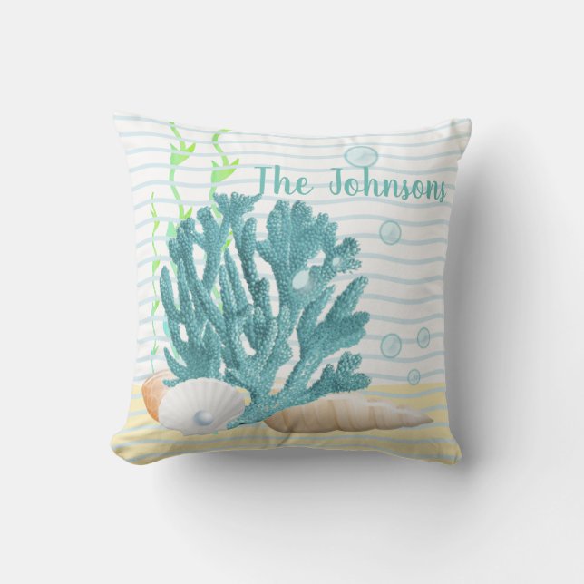 Coussin Corail bleu, coquillages et perle bleue (Recto)