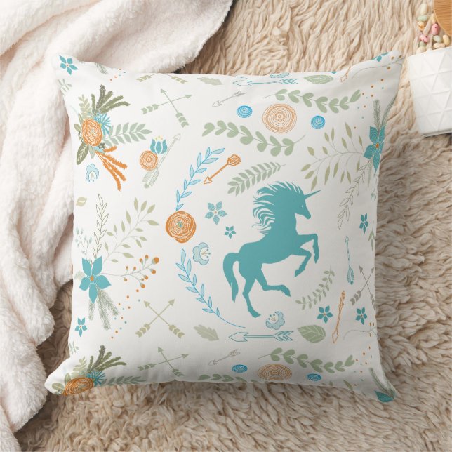 Coussin Corail bleu menthe Motif licorne tendance et flora (Couverture)