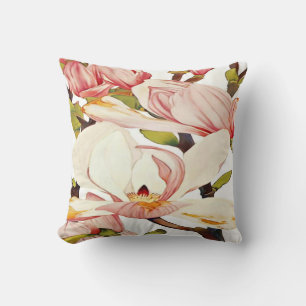 Coussin Corail Botanique Rose Magnolia Fleurs Art Floral