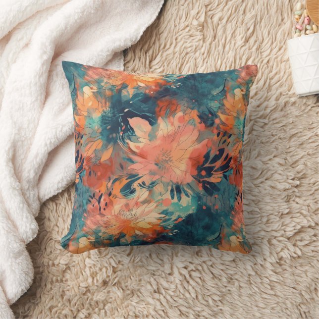 Coussin Corail brillant et Turquoise Floral Abstrait (Couverture)