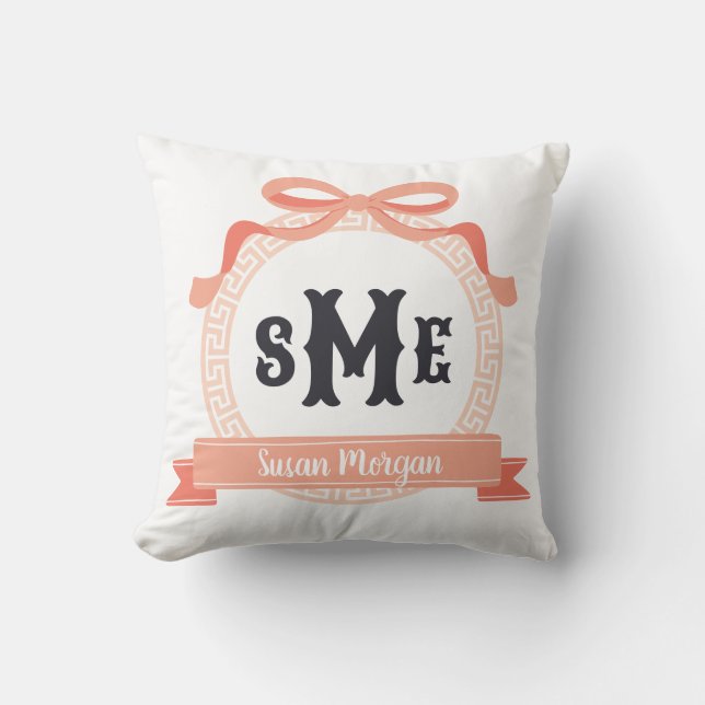 Coussin Corail Clair Pêche Clé Grecque Monogramme à Nœud (Recto)