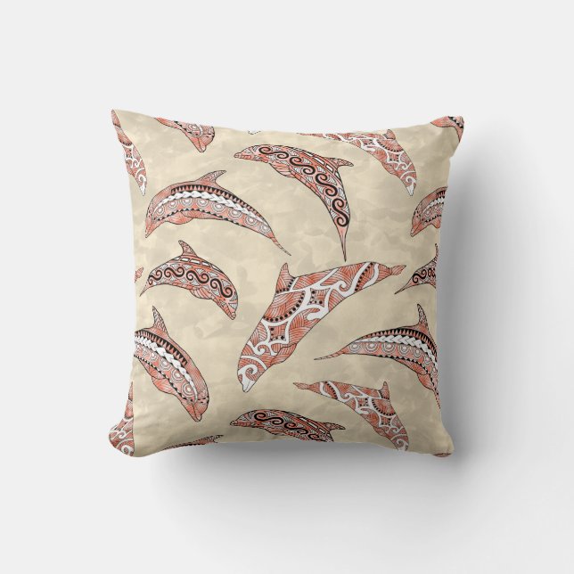 Coussin Corail côtier Dauphins tribaux hawaïens (Recto)