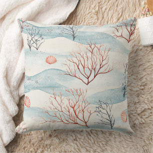 Coussin Corail côtier et coquillages en orange rouille et