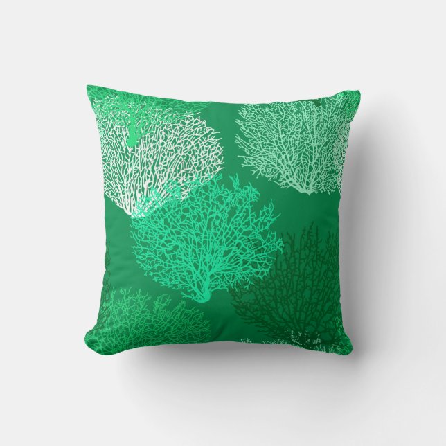Coussin Corail de ventilateur imprimé, nuances de Jade ver (Recto)