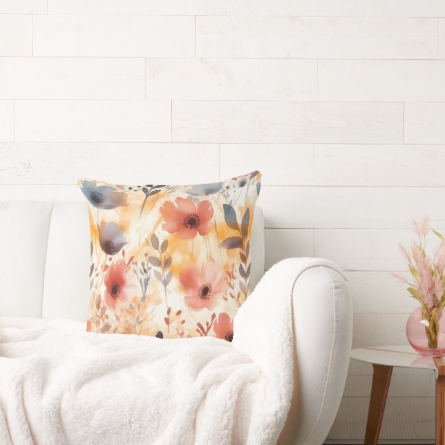 Coussin Corail et bleu fumé Fleurs d'Art Moderne (Canapé)