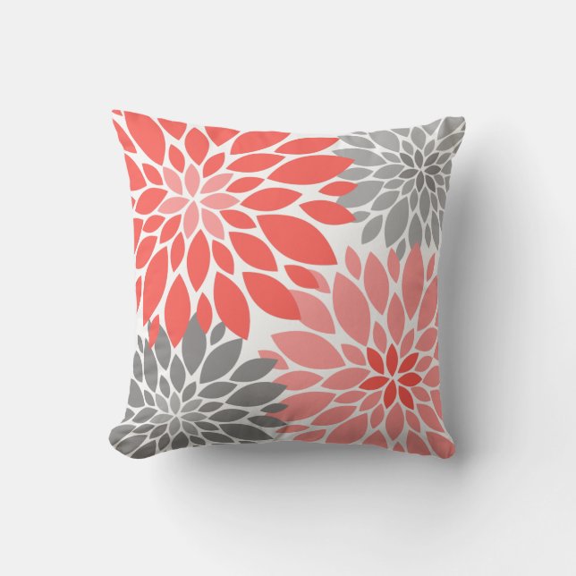 Coussin Corail et chrysanthèmes gris Motif floral (Recto)