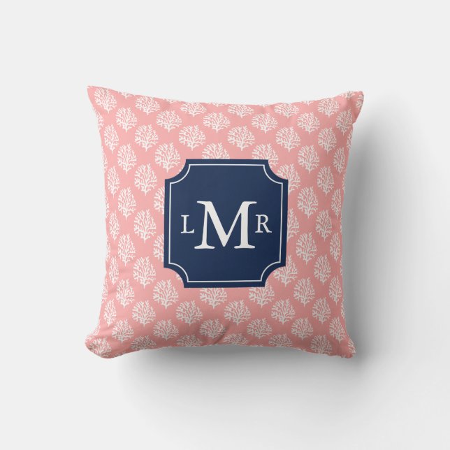 Coussin Corail mignon Motif et Monogramme bleu (Recto)