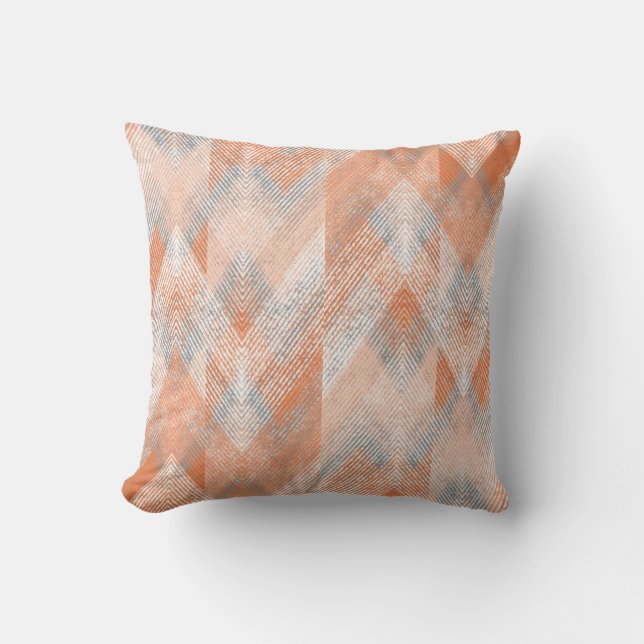 Coussin Corail, orange, beige, gris texturé zigzag.  (Recto)