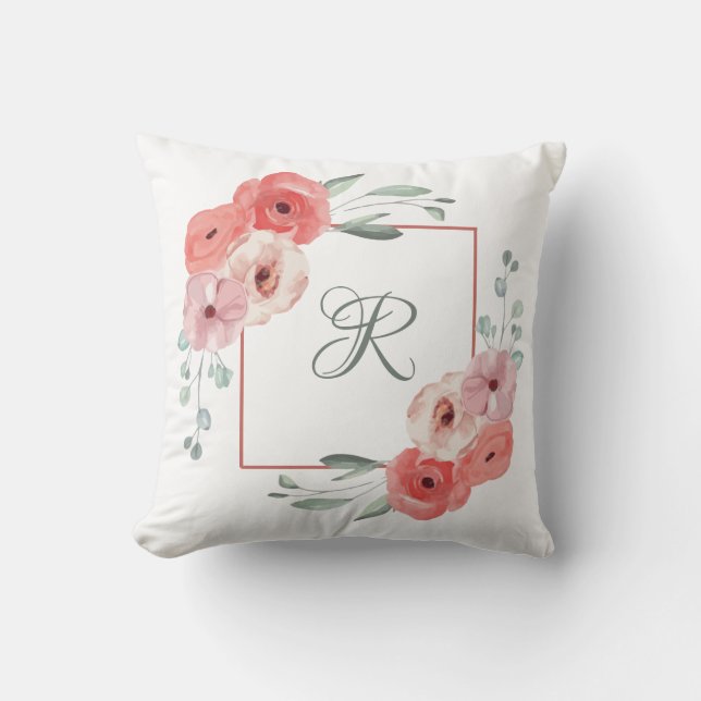 Coussin Corail rose et floral vert blanc avec monogramme (Recto)