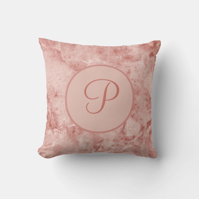 Coussin Corail rose et marbre blanc monogrammé (Recto)