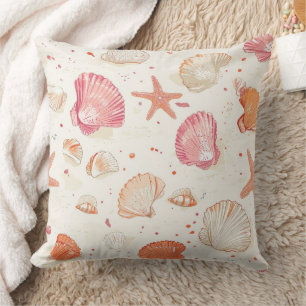 Coussin Corail Rose Terracotta Ivoire Coquillages Anciens