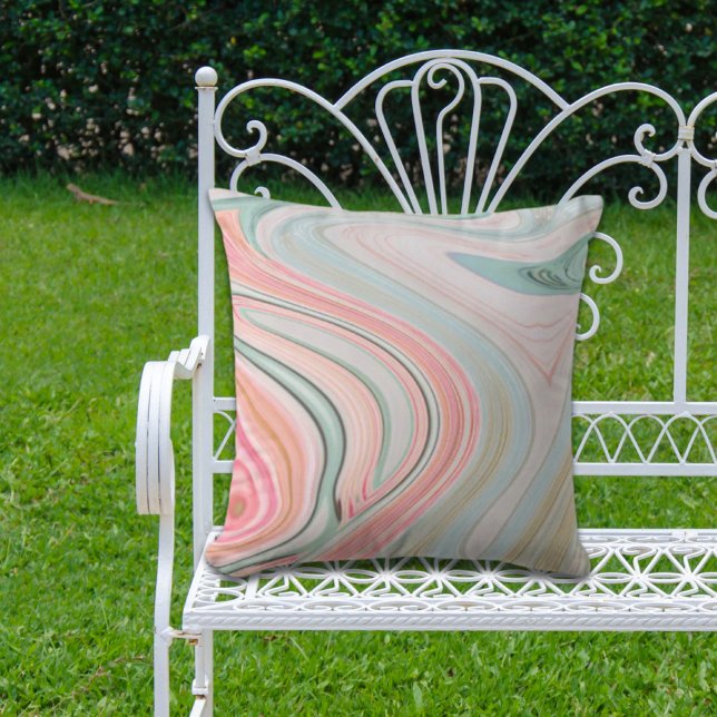 Coussin corail rose vif menthe vert arc-en-ciel tourbillon (blush pink coral mint green rainbow marble swirls outdoor pillow)