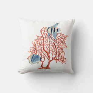 Coussin Corail rouge avec poissons tropicaux, Aquarelle de