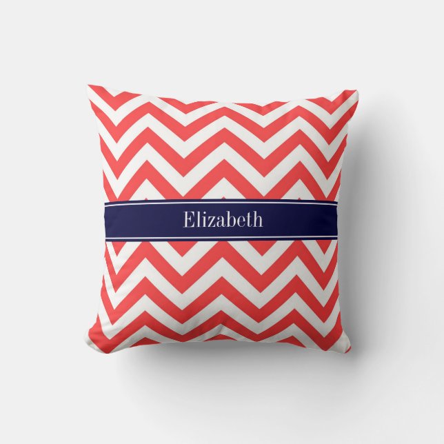 Coussin Corail Rouge Blanc LG Chevron Marine Nom bleu Mono (Recto)