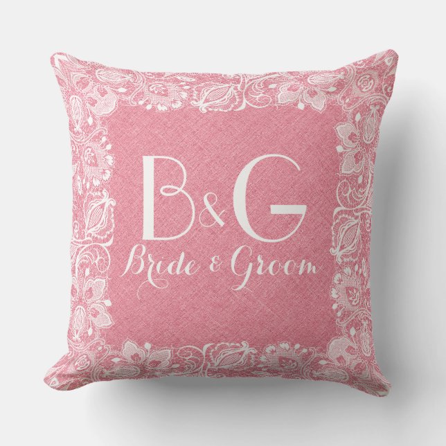 Coussin Corail-Rouge Lin et cadre en dentelle blanche (Recto)