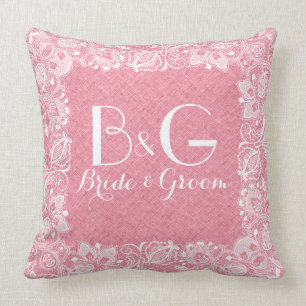 Coussin Corail-Rouge Lin et cadre en dentelle blanche