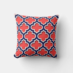 Coussin Corail Rouge, Marine Blanc Quatrefoil Marocain #5D