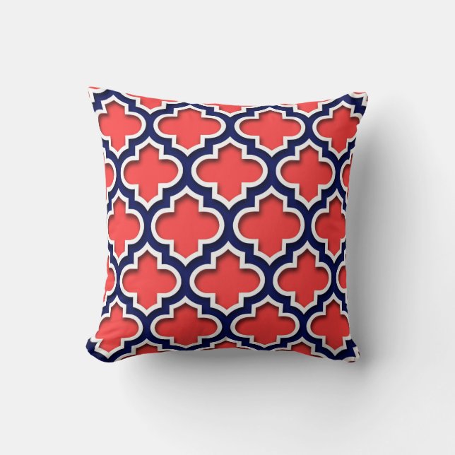 Coussin Corail Rouge, Marine Blanc Quatrefoil Marocain #5D (Recto)