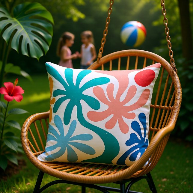 Coussin Corail sarcelle rétro Abstrait Palmiers tropicaux  (Retro Teal Coral Abstract Tropical Palms Summer Throw Pillow)
