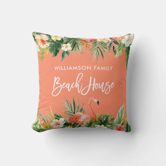 Coussin Corail tropical Brush Floral Script Beach House (Recto)