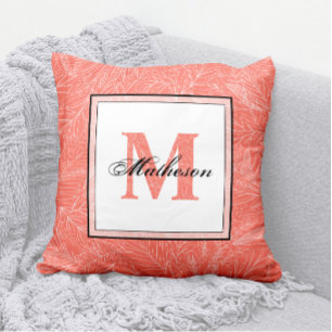 Coussin Corail tropical et Feuilles blancs Motif Monogramm