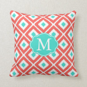 Coussin Corail, Turquoise, Blanc Ikat Diamond Motif