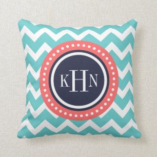 Coussin Corail Turquoise et Navy Chevron Monogram