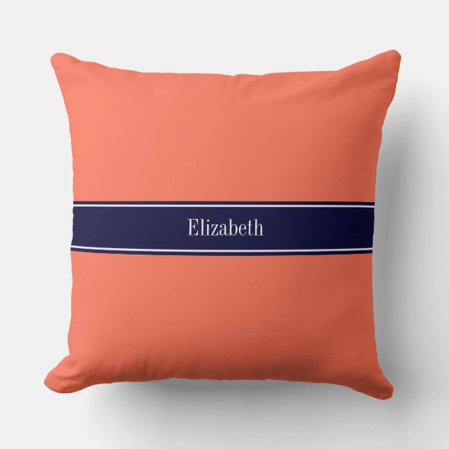 Coussin Corail Uni, Ruban Bleu Marine Monogramme du Nom (Recto)