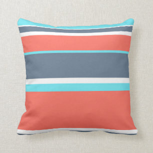 Coussin Corail vivant, bandes bleues et grises