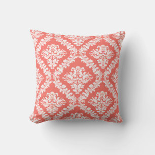 Coussin Corail vivant, blanc damassé motif lancer