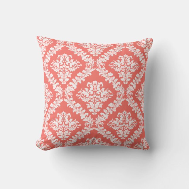 Coussin Corail vivant, blanc damassé motif lancer (Recto)
