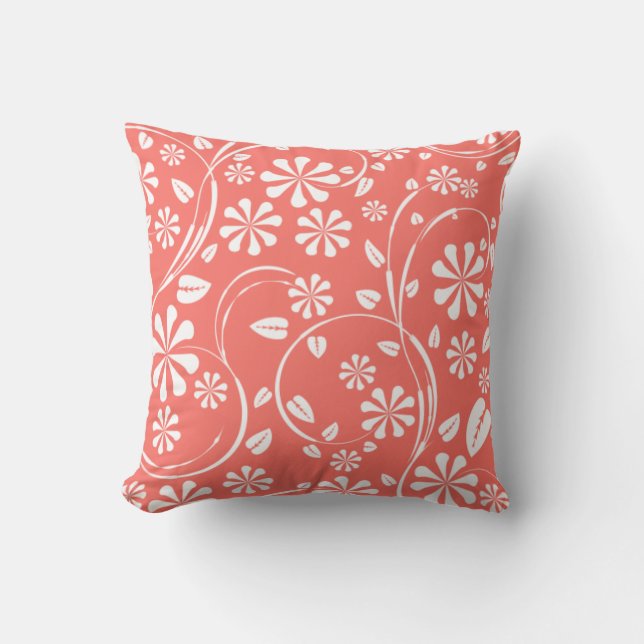 Coussin Corail vivant, motif floral blanc (Recto)