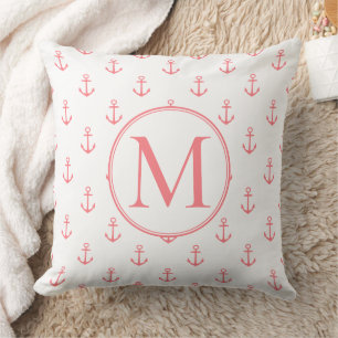 Coussin Coral Ancres roses sur Monogramme blanc