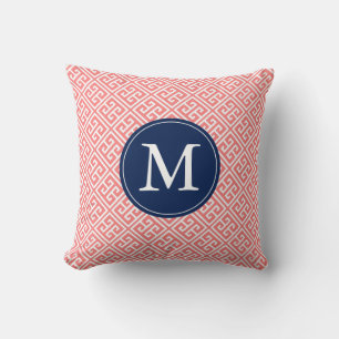 Coussin Coral bleu grec clé Motif Monogramme