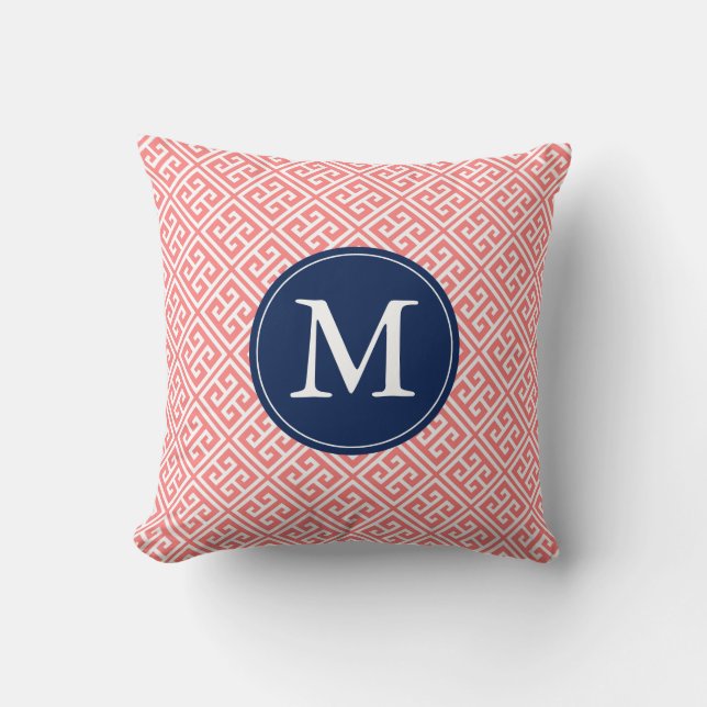 Coussin Coral bleu grec clé Motif Monogramme (Recto)