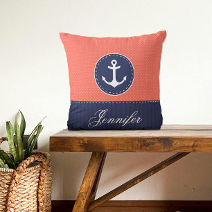 Coussin Coral Marine Bleu Ancre nautique Design Nom person